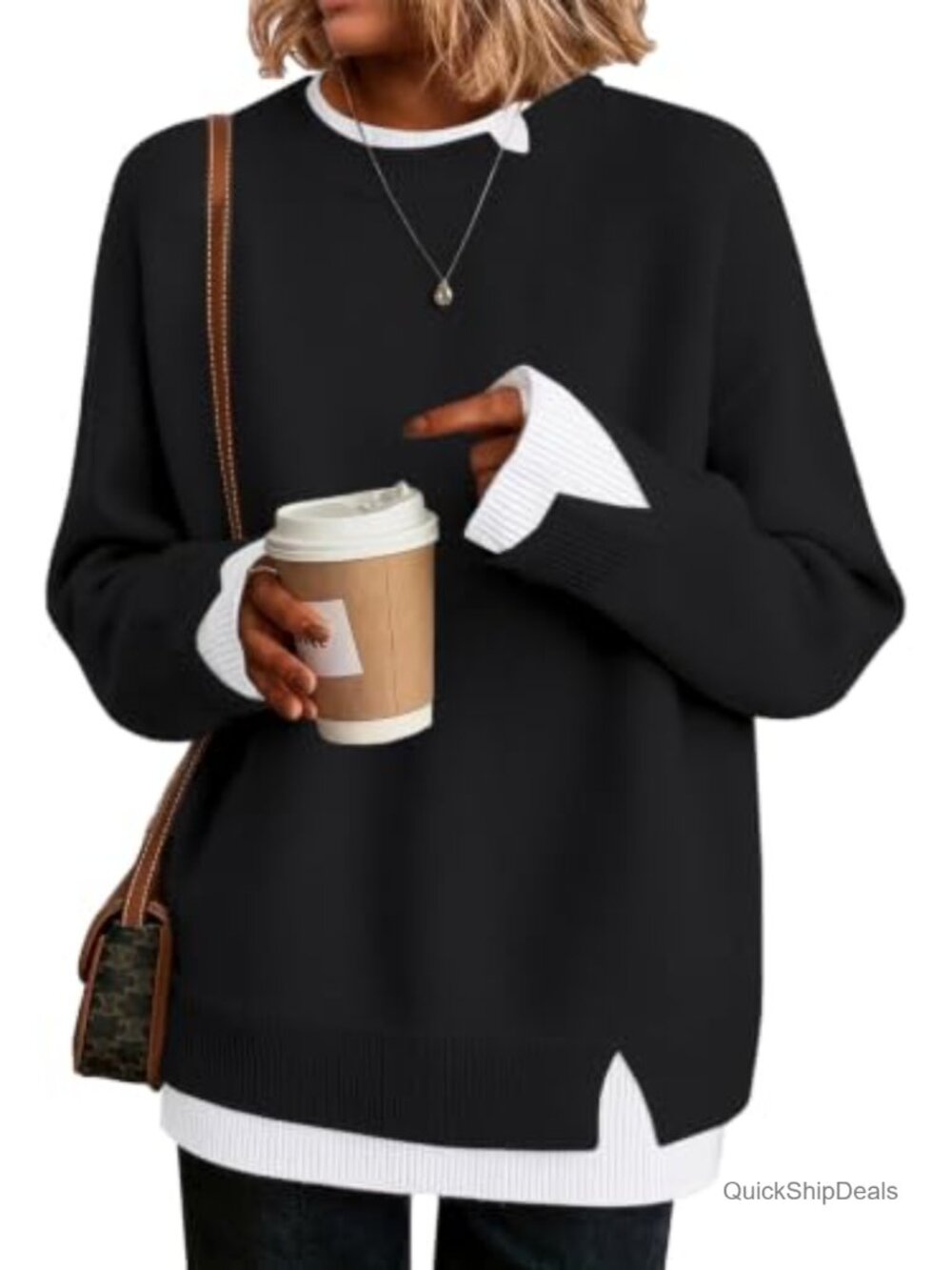 Womens Oversized Pullover Sweater Mock Layered Color Block Loose Fit Fall